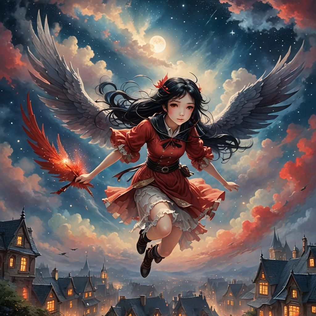 Anime Girl Flies Through Ethereal Night Sky with Red Wings