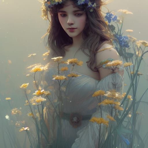Surreal Floral Portrait of a Nostalgic Girl with Hyperdetail...