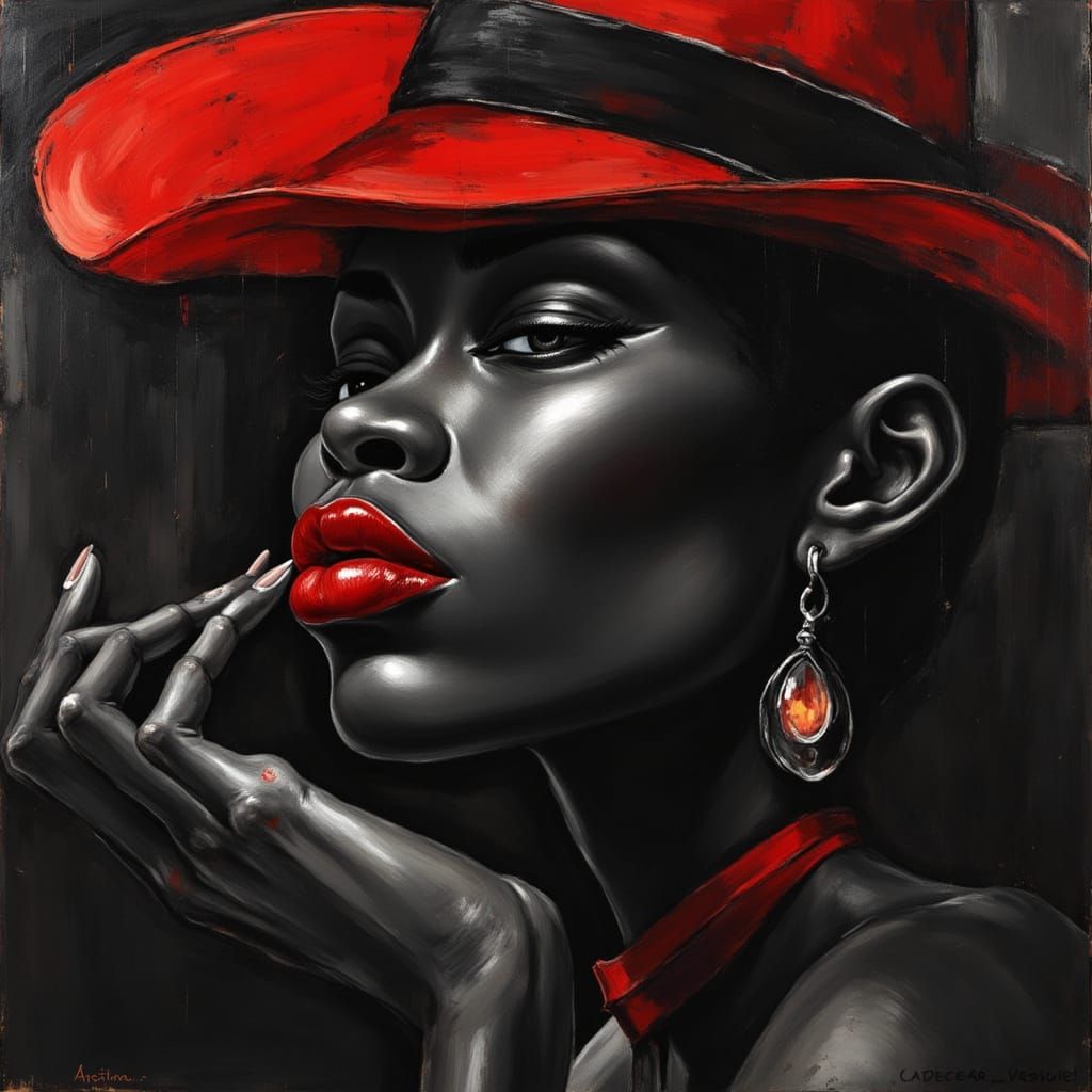 Monochrome Portrait of Woman in Red Hat
