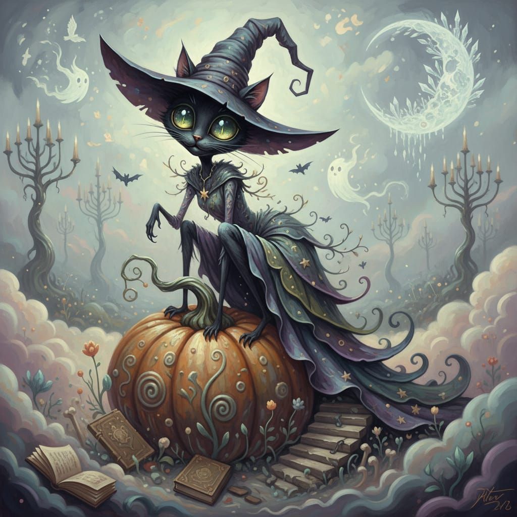 Whimsical Witch Cat on Pumpkin Painting