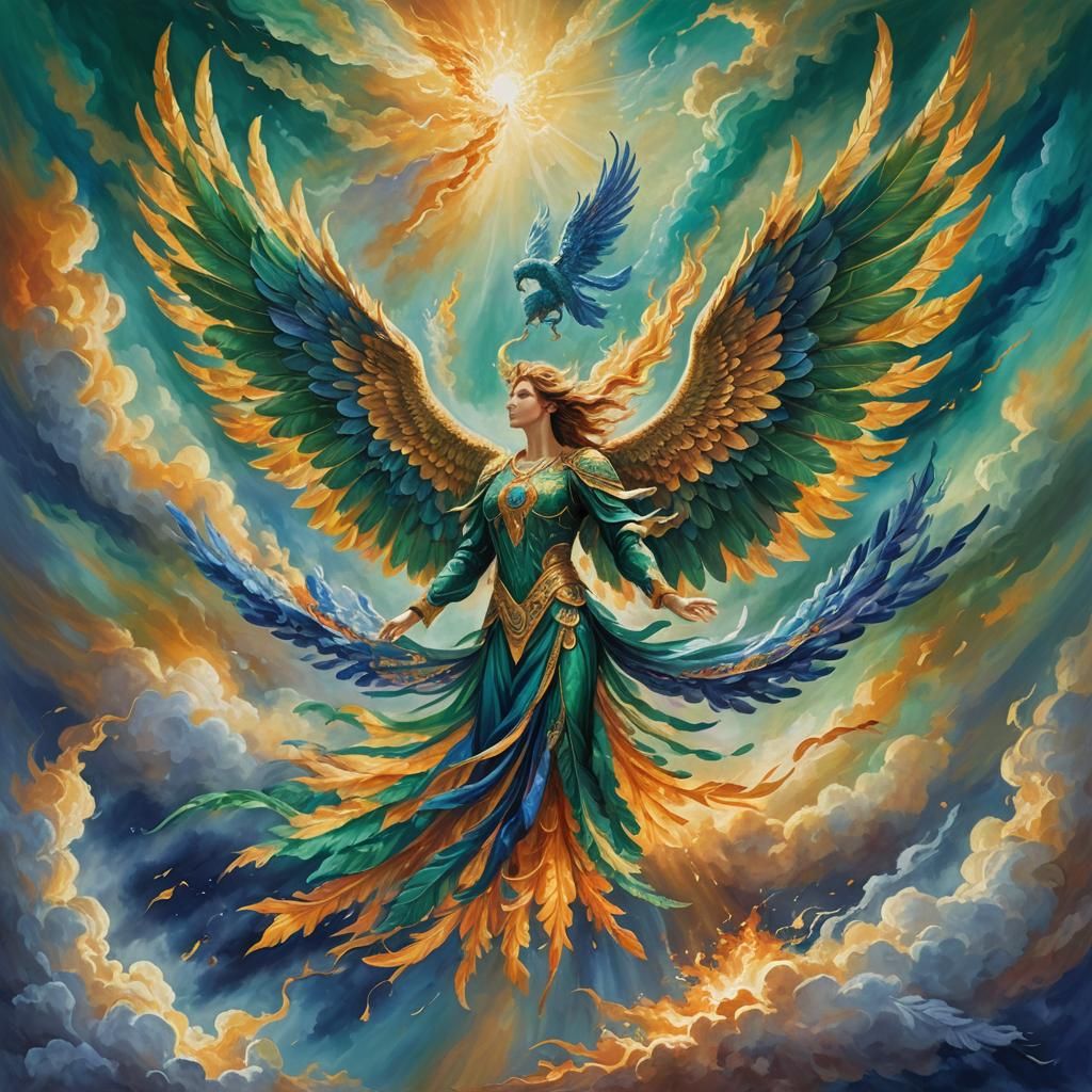 Angel Riding Majestic Phoenix in Vibrant Oil Painting Style