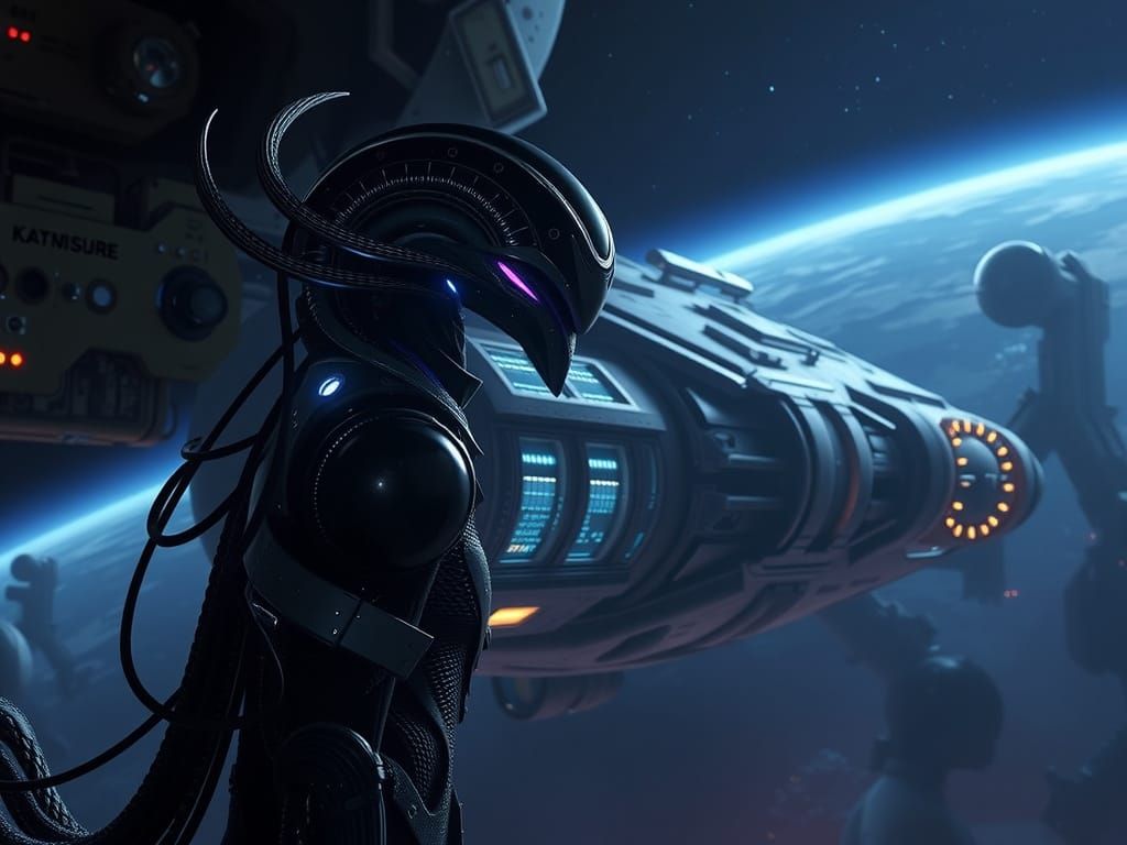 Cyberpunk Space Station Armor in Neon-Lit Darkness