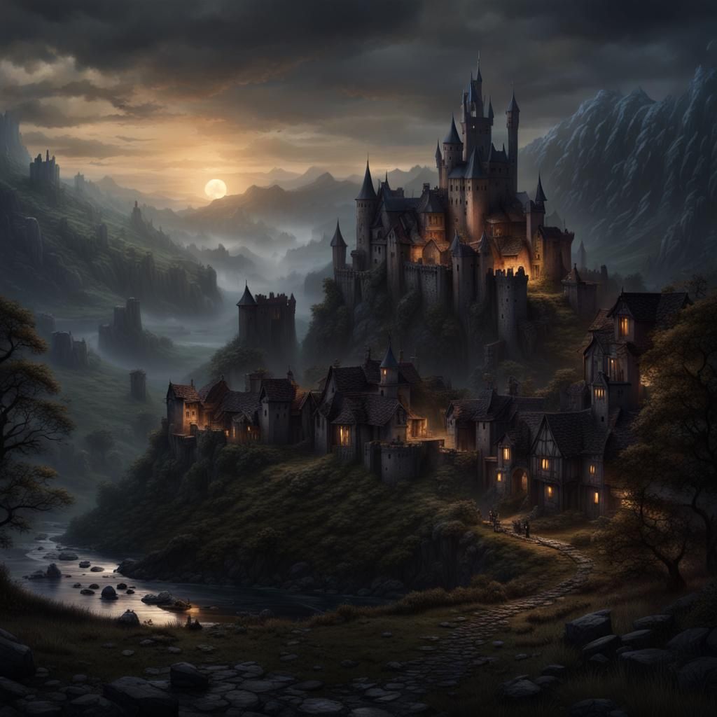 Dark Fantasy Hamlet beneath a Gothic Castle