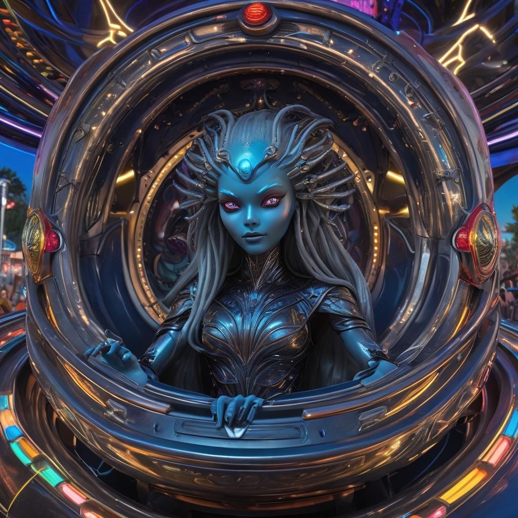 Glowing Fly Saucer Ride in a Dazzling Amusement Park