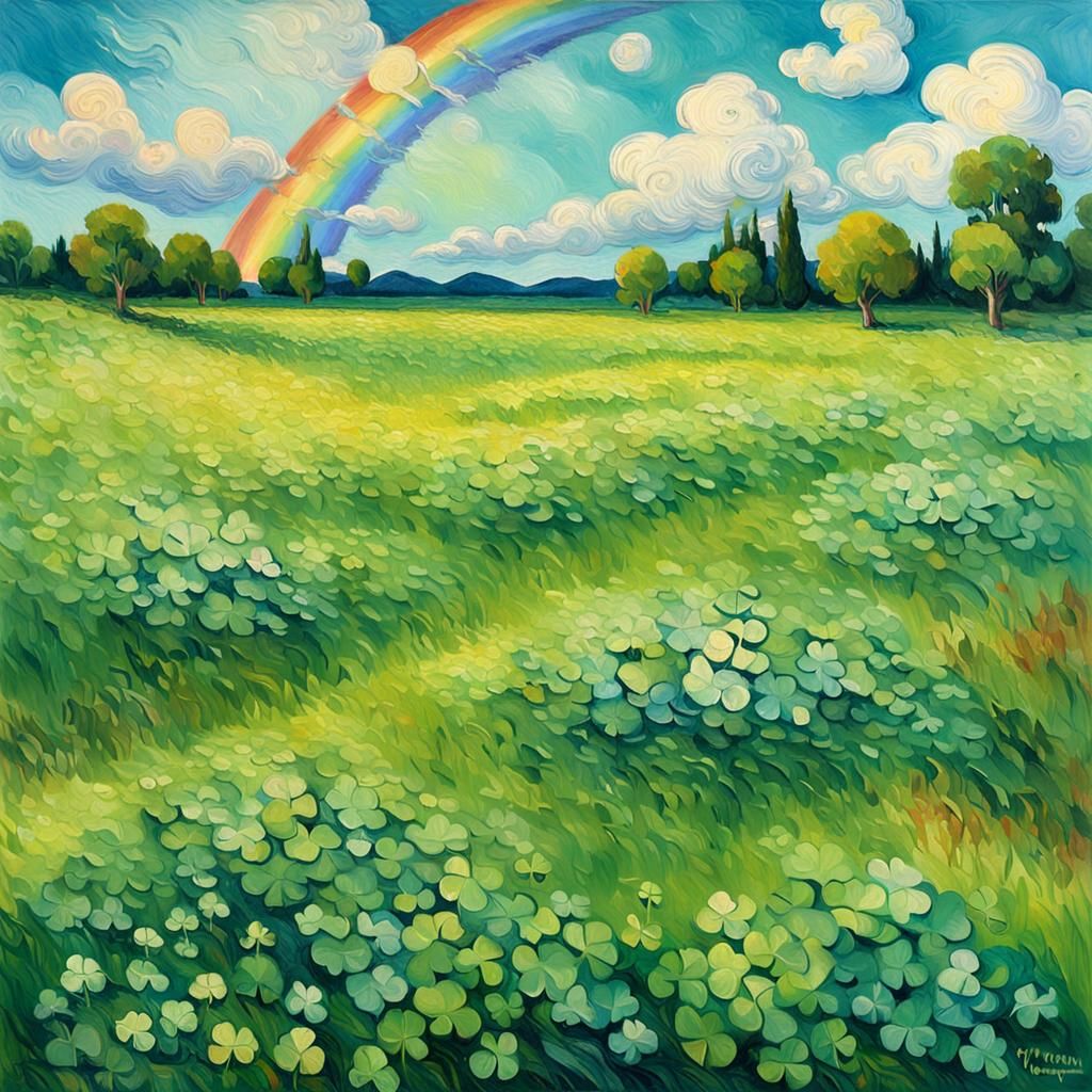 A close-up of a lush green meadow, with a single four-leaf clover shining brightly amidst the regular three-leaf ones.