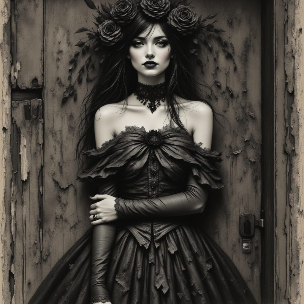 Gothic Woman with Roses in Charcoal Style