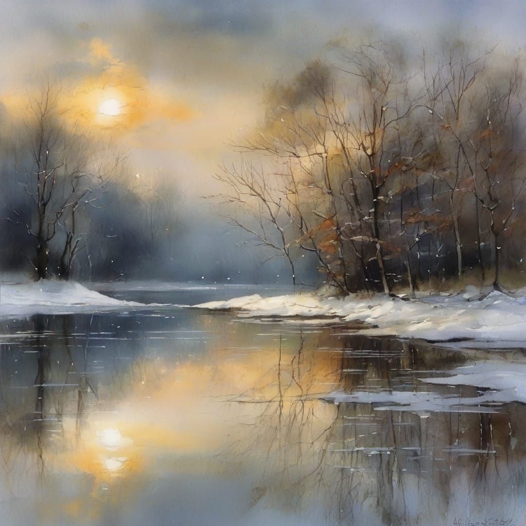 icy lake with reflections in the moonlight