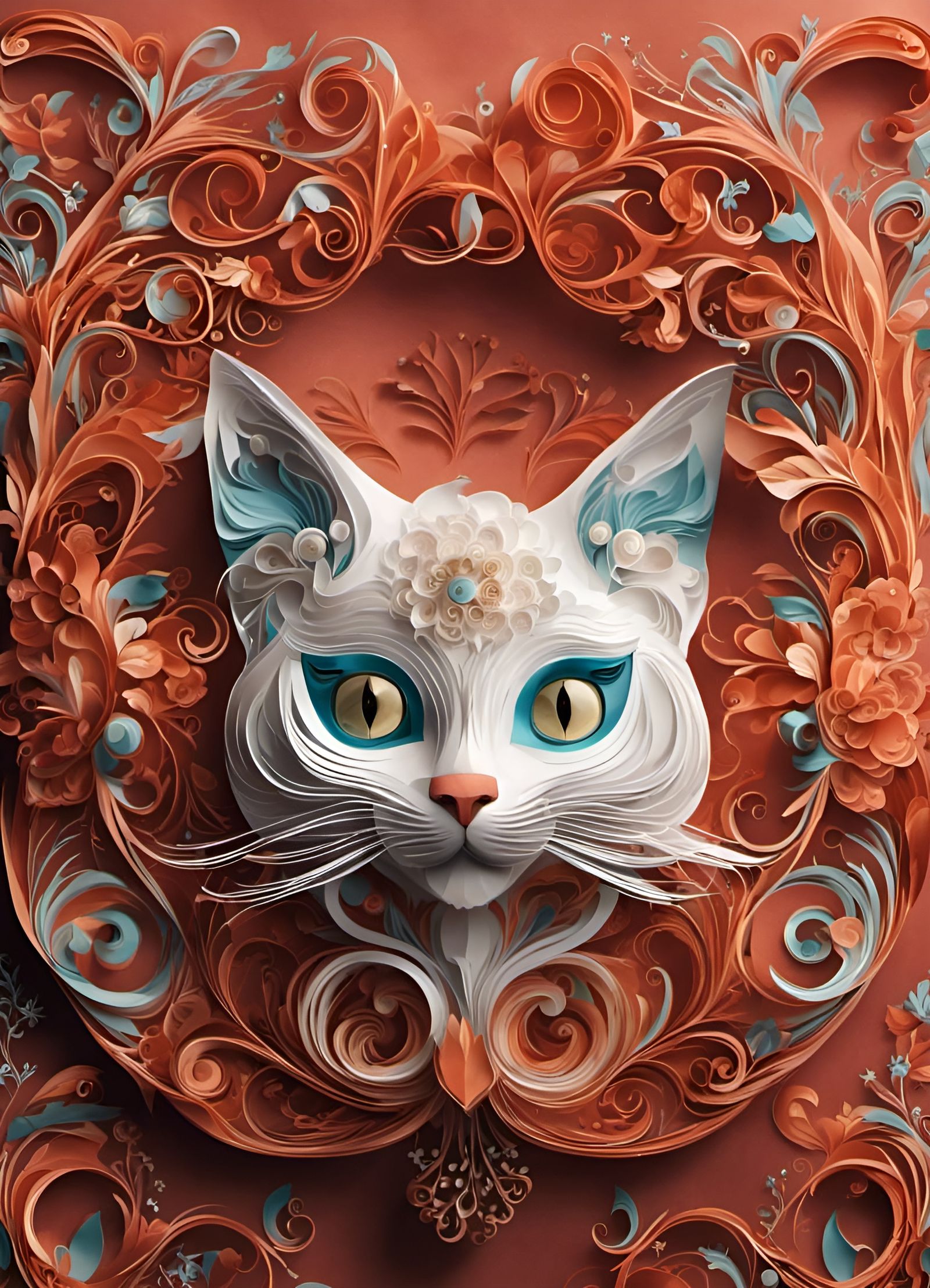 Paper Cat in Whimsical Tricolor Dreamscape