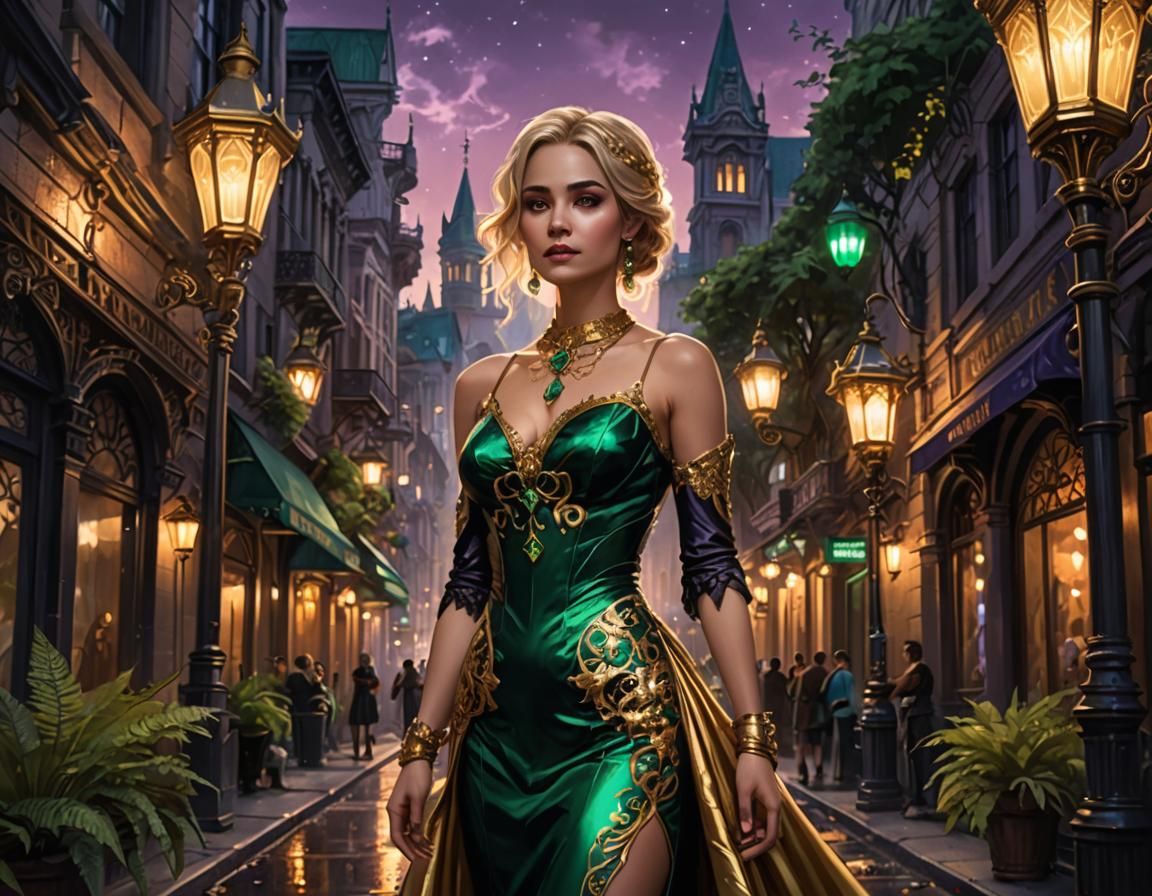 Gothic Aetherpunk Woman in Golden Gown