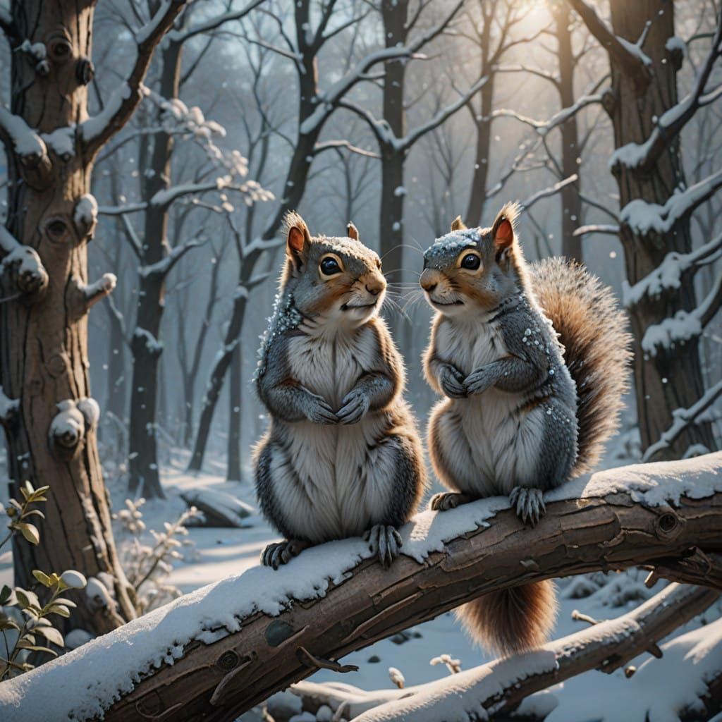 Snowy Forest Scene with Two Squirrels