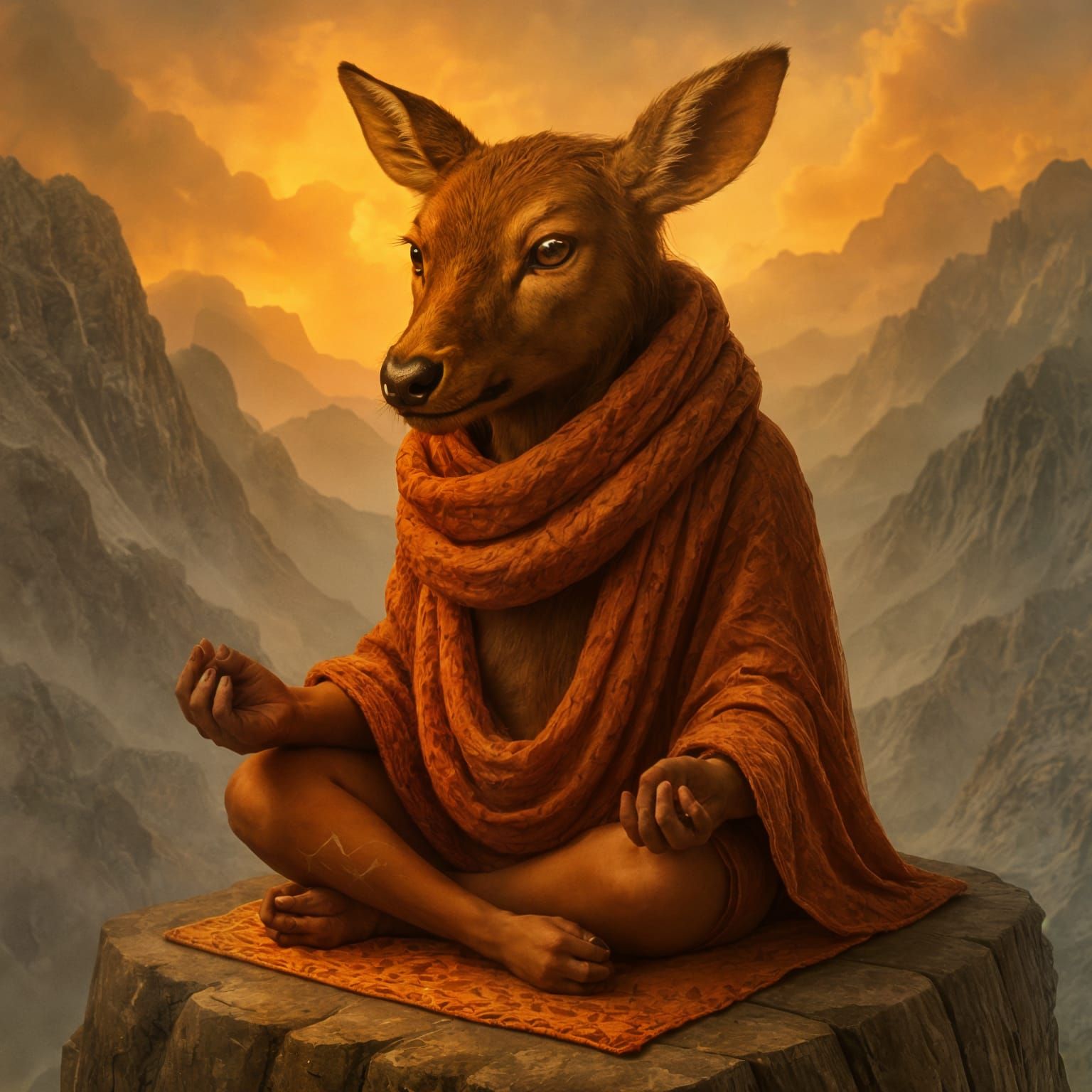 Meditating Himalayan Deer in Dreamlike Watercolor