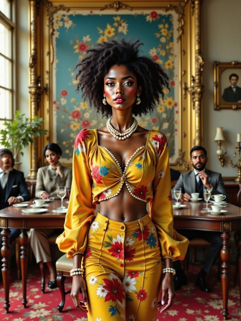 Regal Baroque Woman Presents Elegant Card in Grand Hall