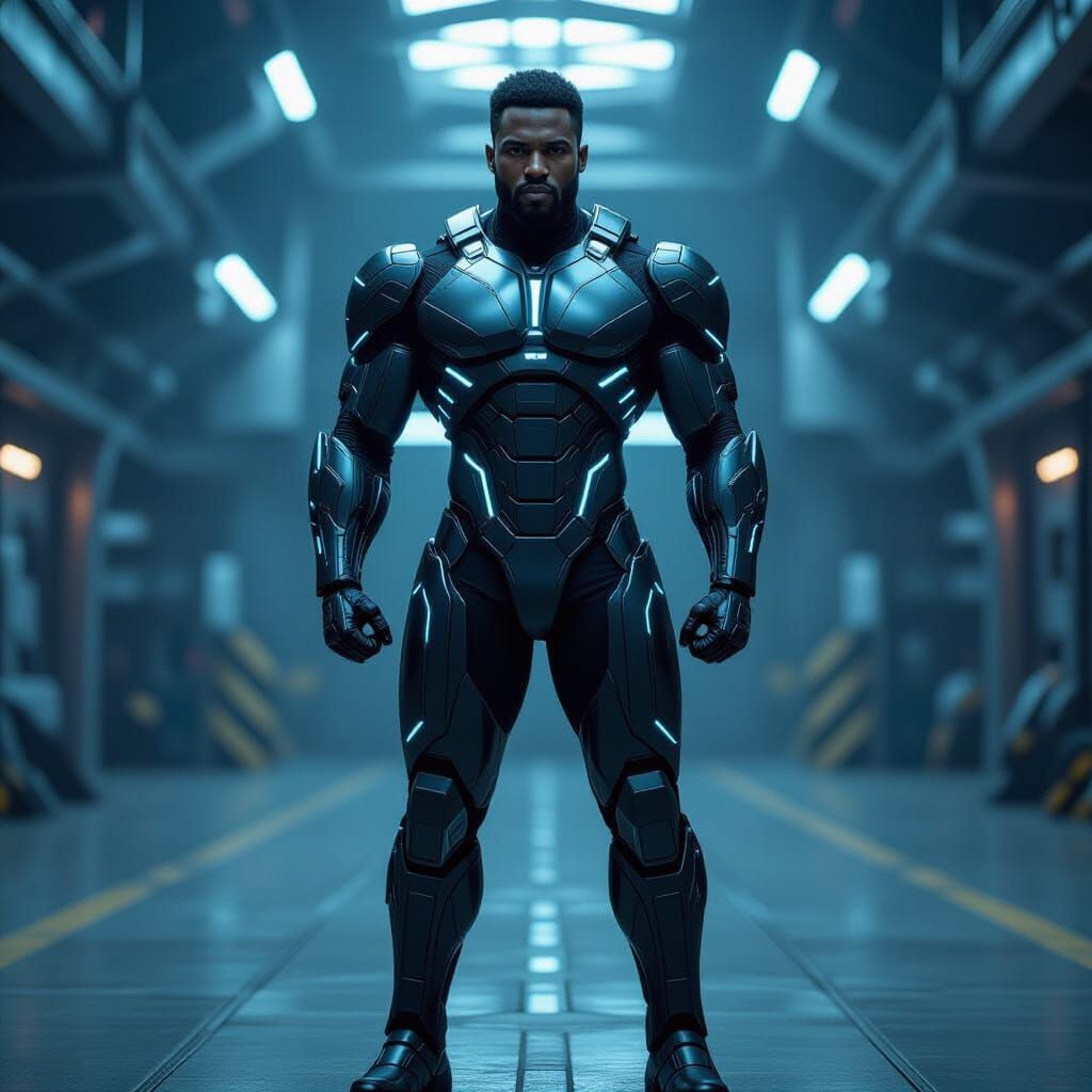 Futuristic Armored Warrior in Dimly Lit Hangar