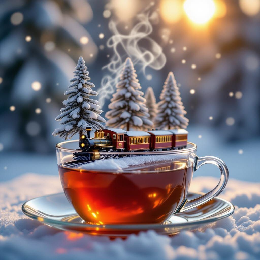 Miniature Train in Teacup with Snowy Trees