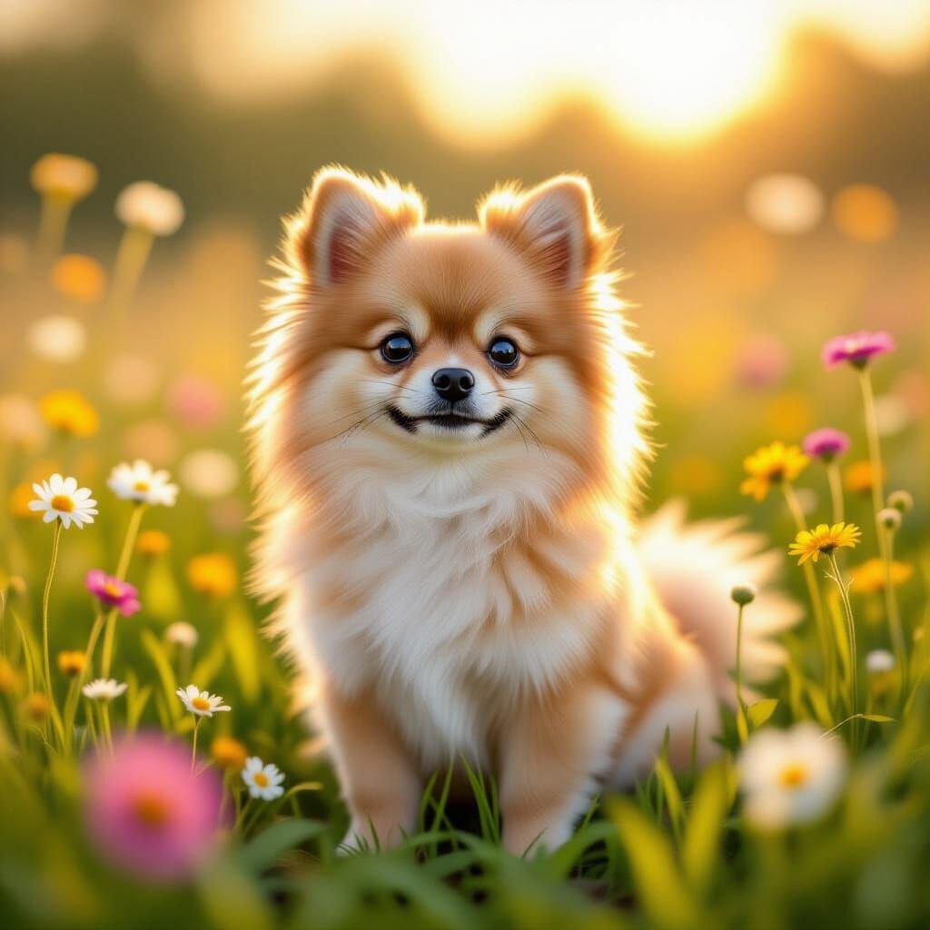 Fluffy Dog in Sunlit Wildflower Meadow