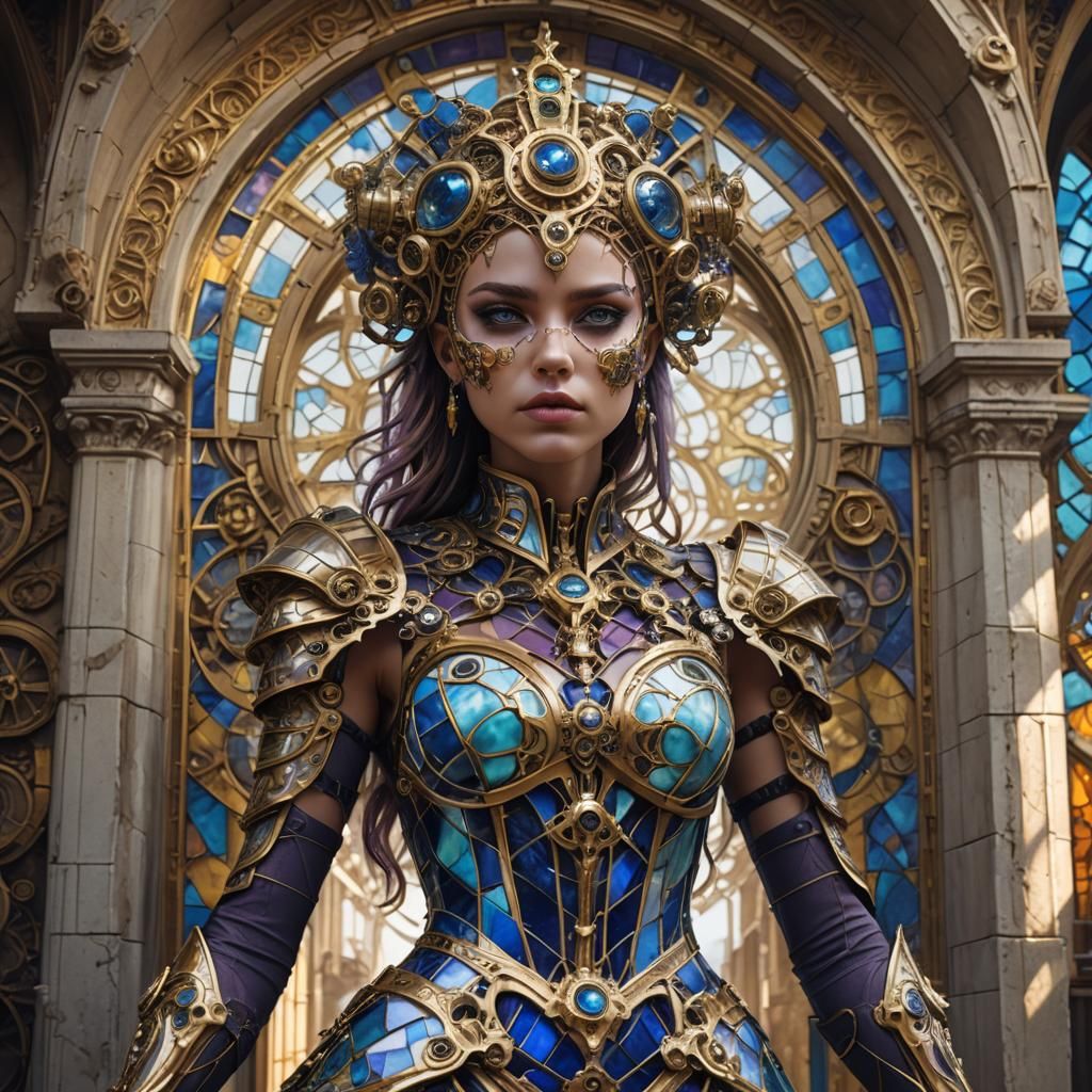 Stunning Biomechanical Girl in Elegant Stained Glass