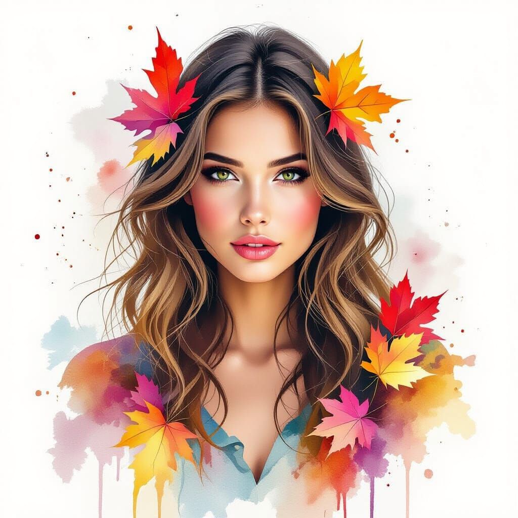 Ethereal Autumn Girl in Watercolour Style