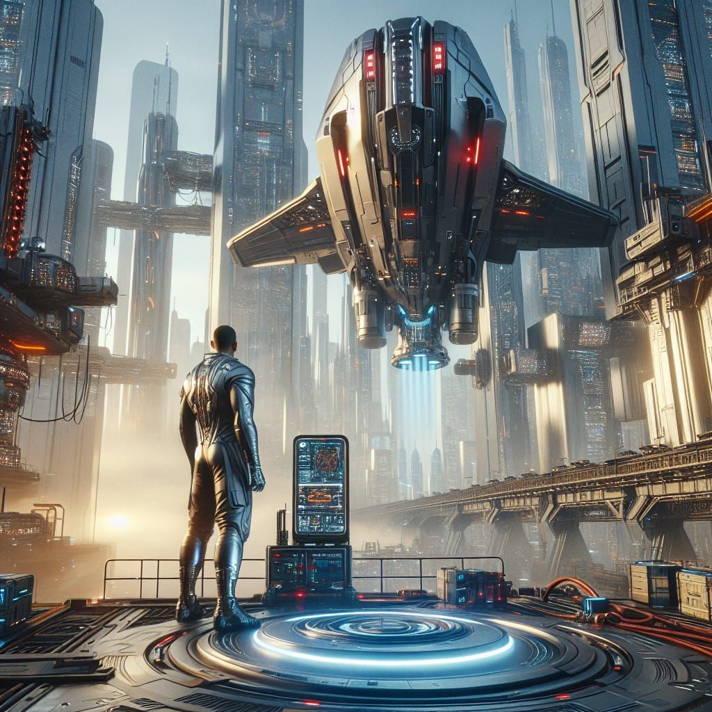 Vibrant Futuristic Cityscape with Majestic Spaceship and His...