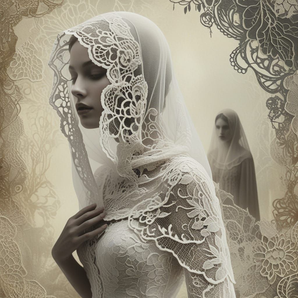 Surreal Lace Veiled Women in Ethereal Collage