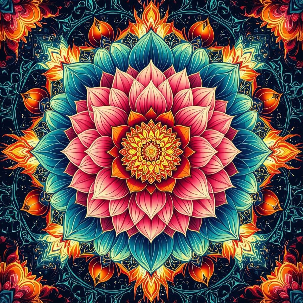 Psychedelic Mandala with Lotus Flowers and Explosions