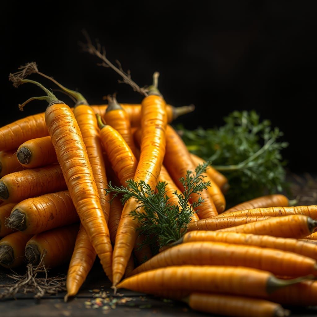 24 Golden Carrots in a Moody Still Life