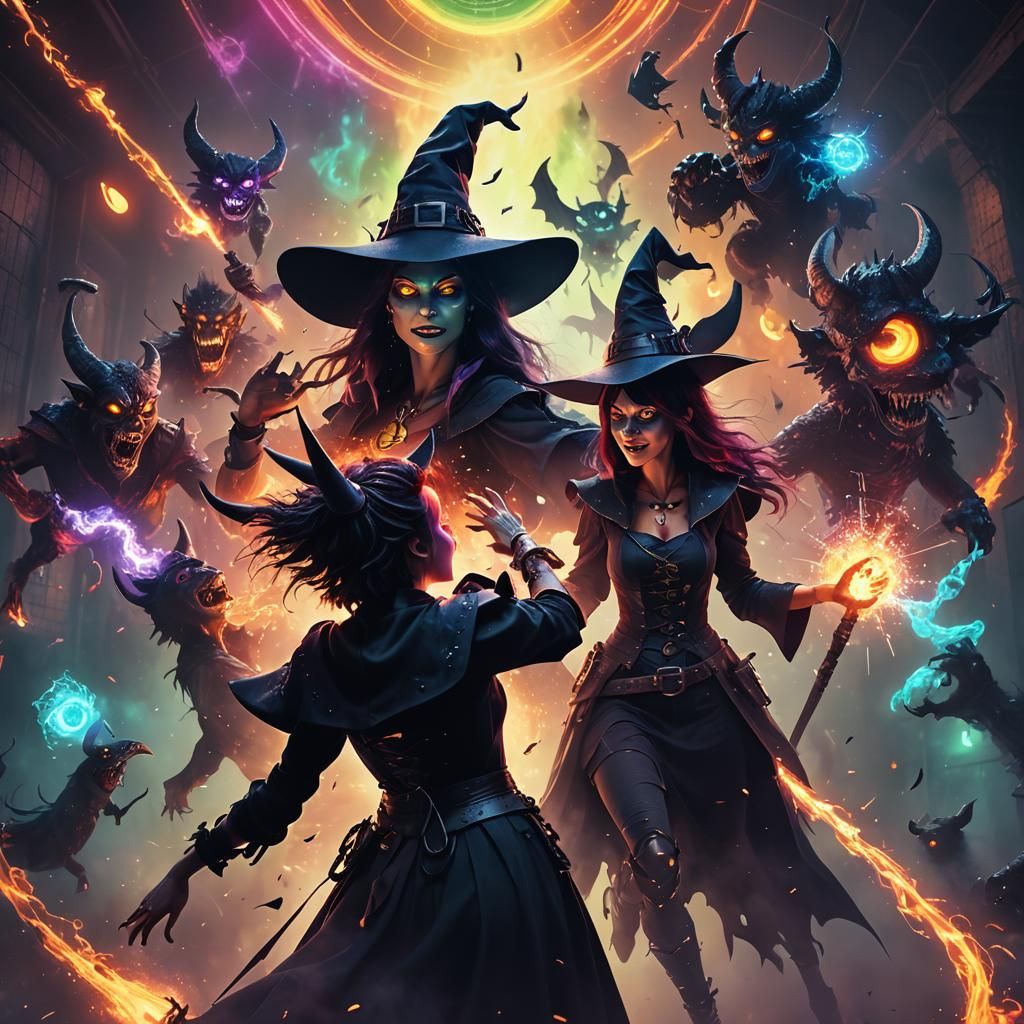 Witch and Demons Unleash Magic in Neon-Hued Battle