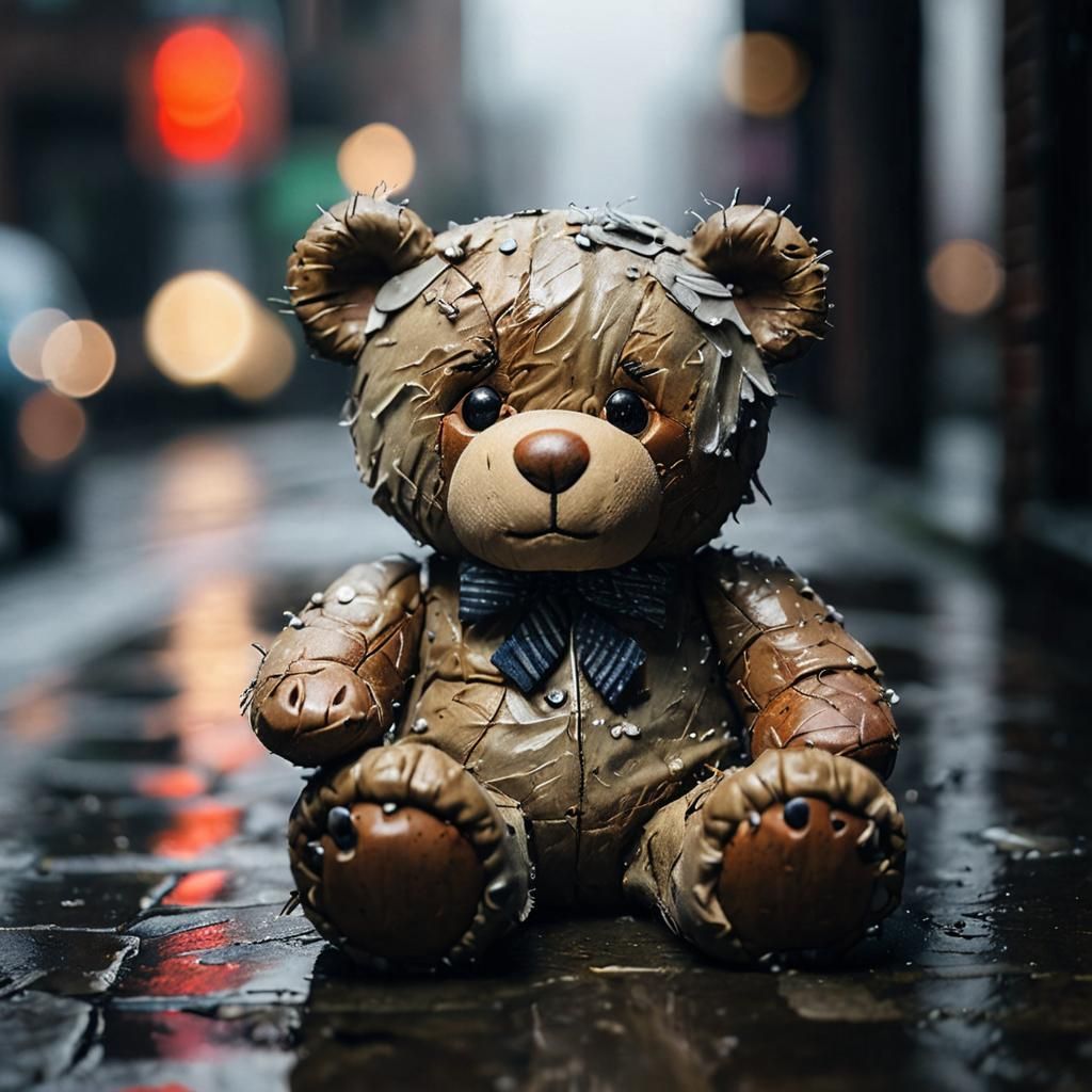 Realistic, Sad Teddy Bear Portrait in Distressed Style