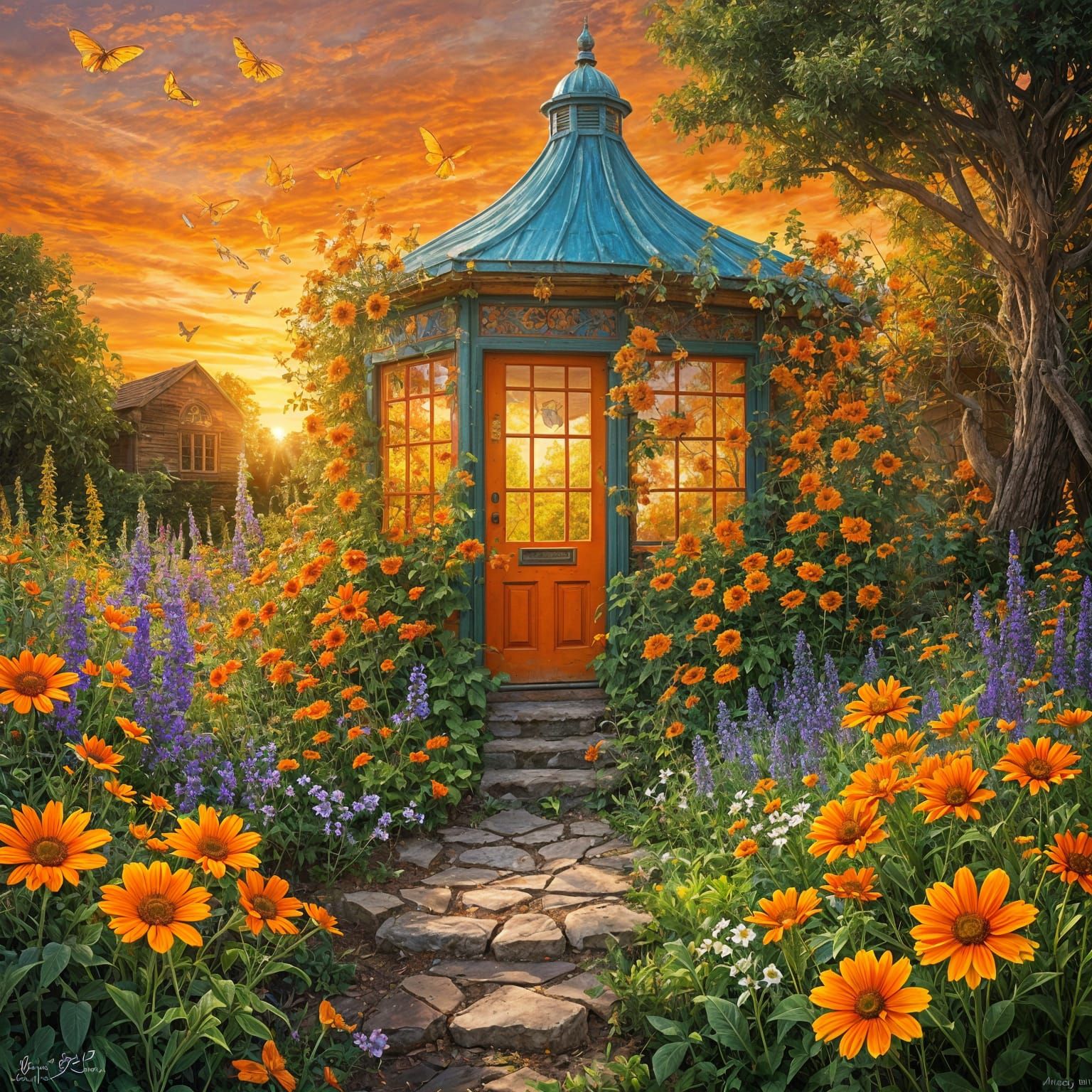 Vibrant Summerhouse Garden at Prismatic Sunset