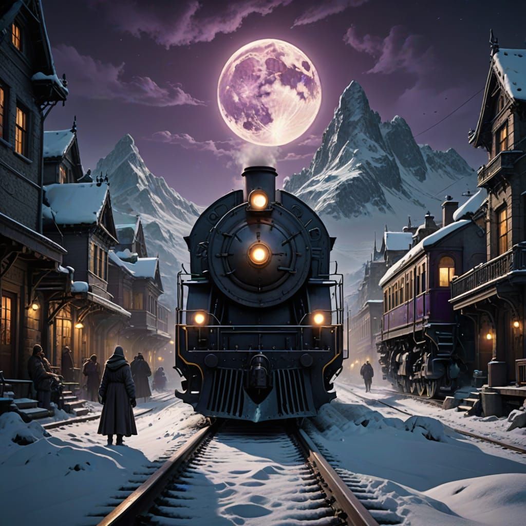 Ghost Train in Snowy Landscape Under Full Moon