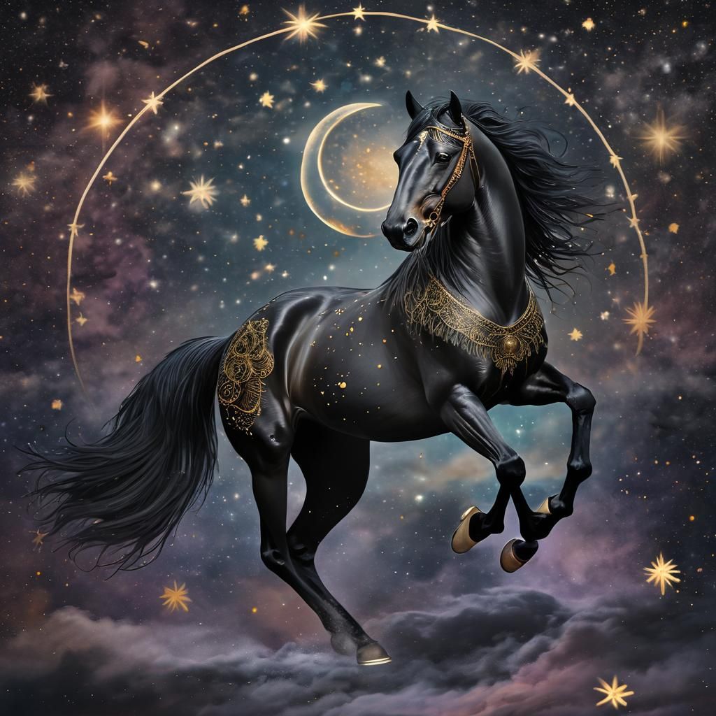 Black Arabian Horse Amidst Celestial Indian Motifs in Dreamy...