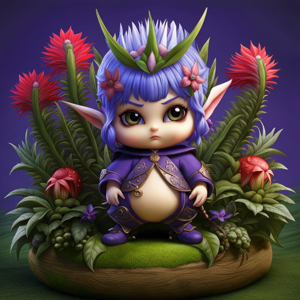 Chubby Chibi Elf in Echium Flower, Fantasy Art