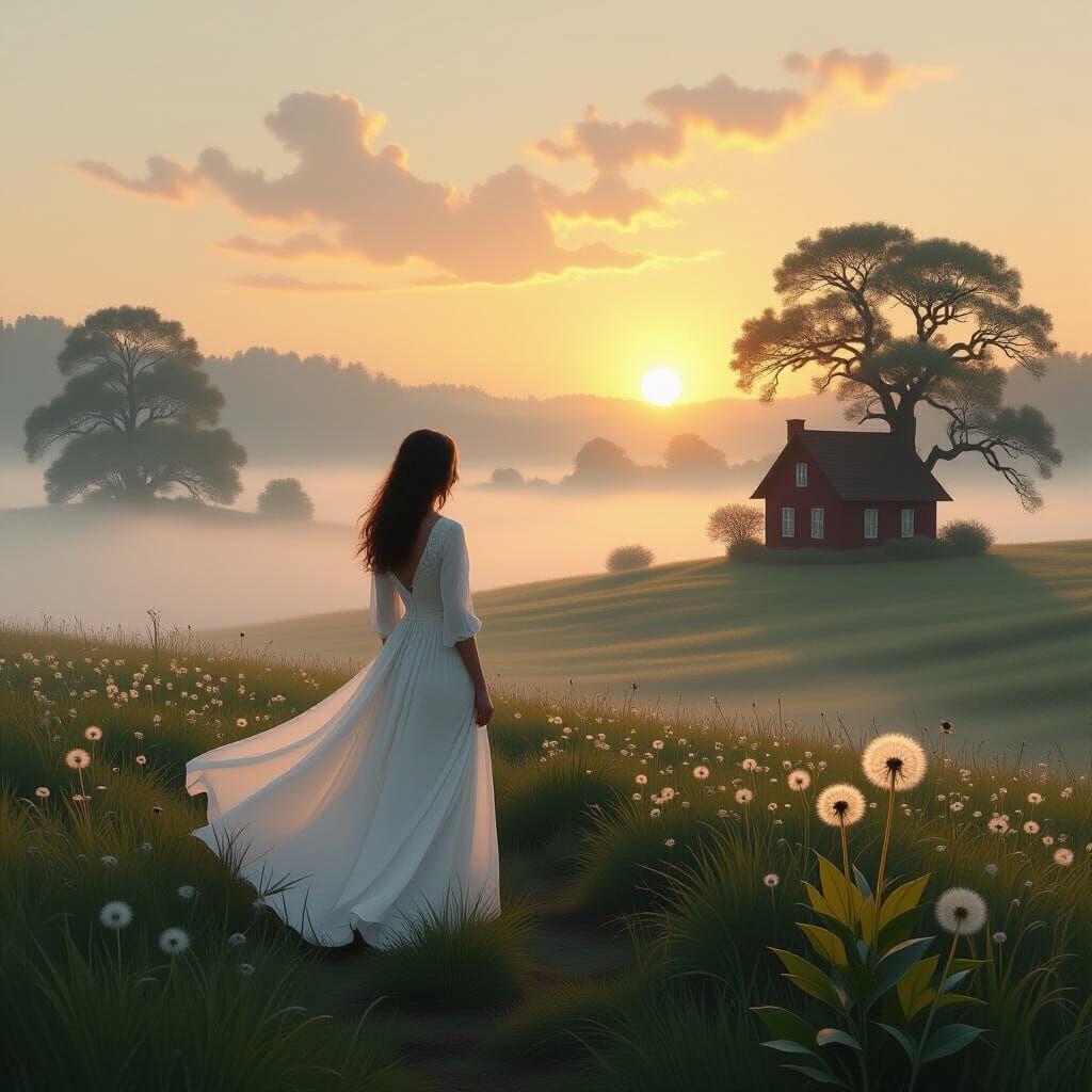 Mystical Foggy Landscape with Woman in White