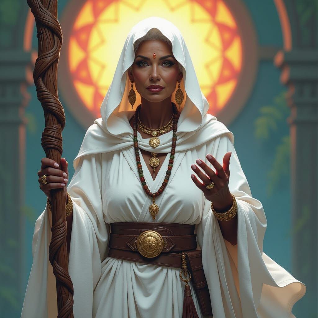 Elderly Druid Woman Holding Carved Staff in White Robes