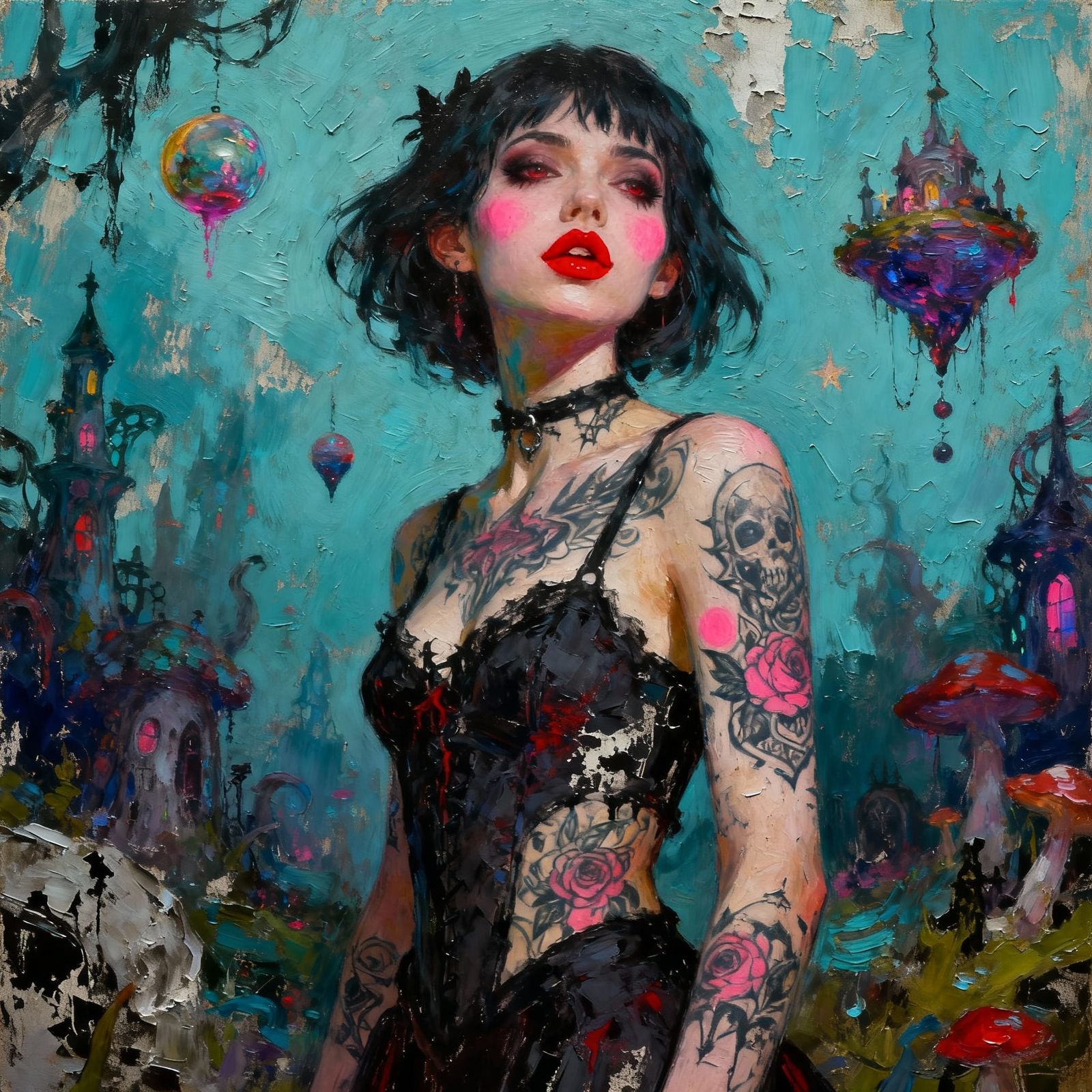 Gothic Fantasy Lady in Whimsical Surreal Dreamscape