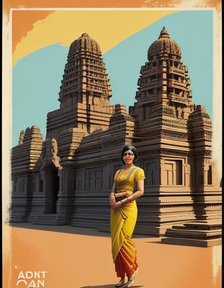 Vintage Travel Poster: Smiling Woman at Khajuraho Temple
