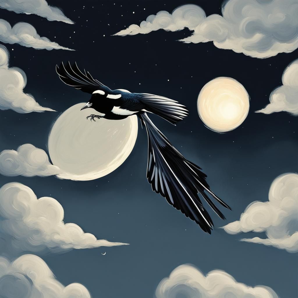 Magpie soars under the Moonlit Night Sky