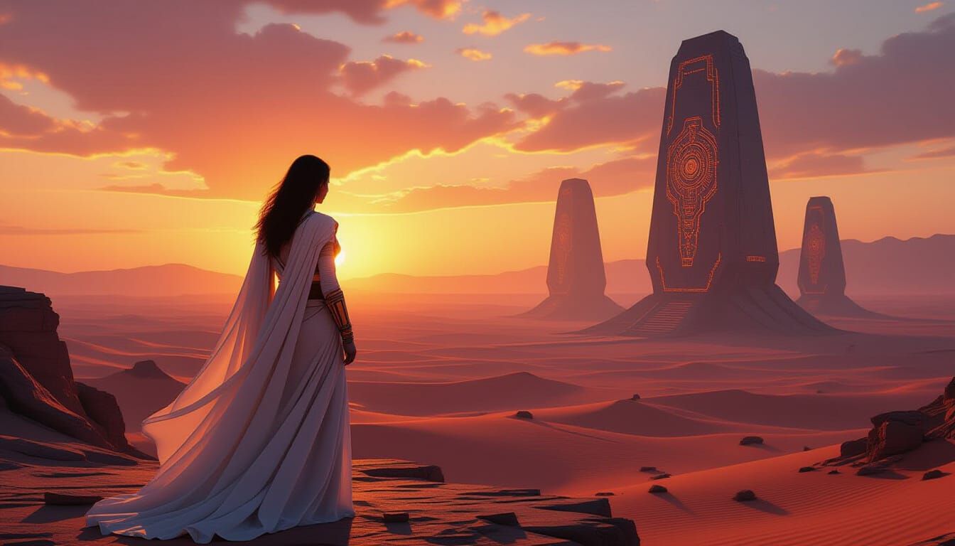 Woman Overlooks Alien Desert Under Binary Sunset