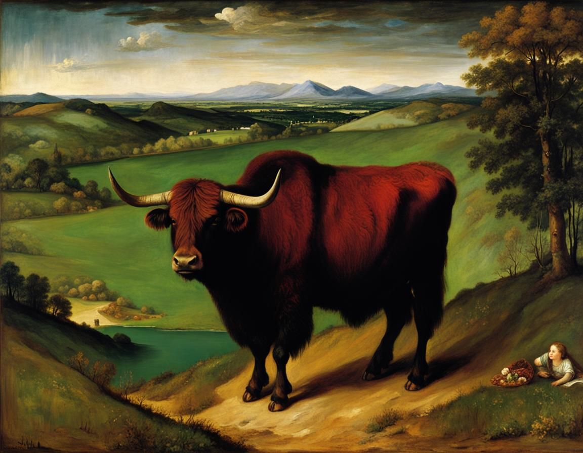 Yak Portrait in Emerald Irish Landscape, Renaissance Paintin...