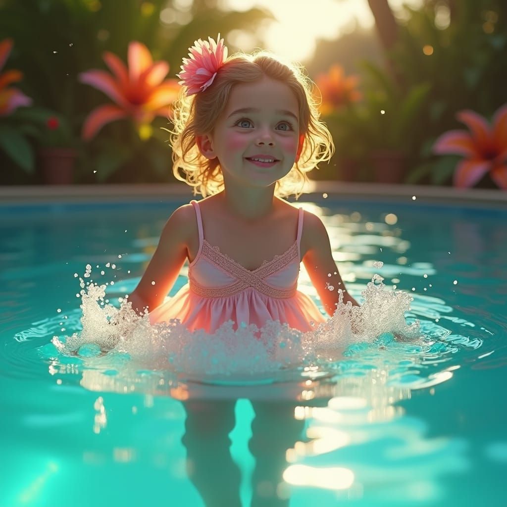 Girl in Whimsical Pastel Swimming Pool Scene