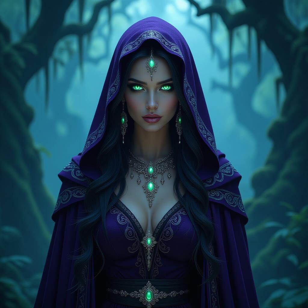 Mystical Witch in Moonlit Forest, Dark Fantasy Digital Art
