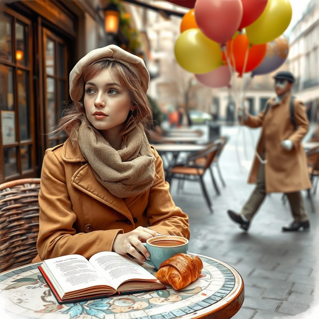 Parisian Autumn Scene with Cozy Cafe and Mime