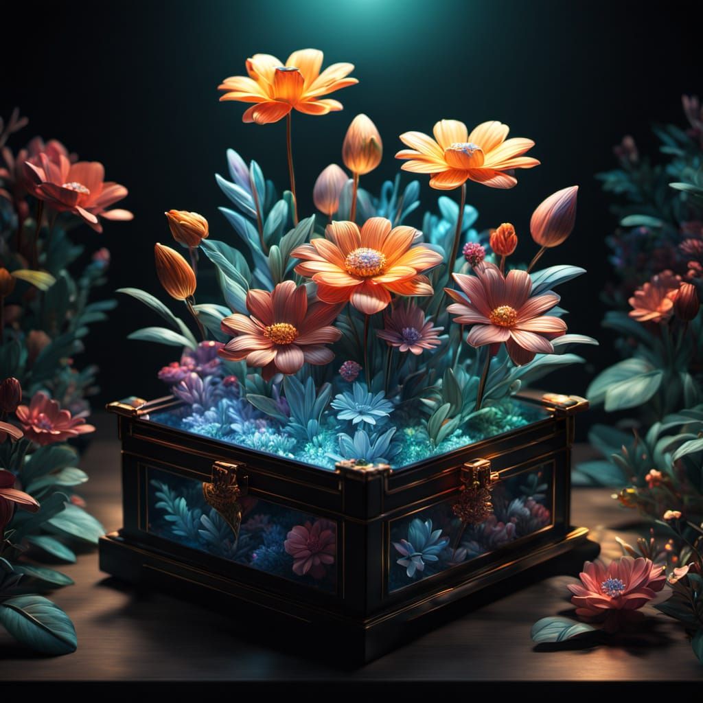 Glowing Hyperrealistic 3D Floral Wonders in an Antique Jewel...