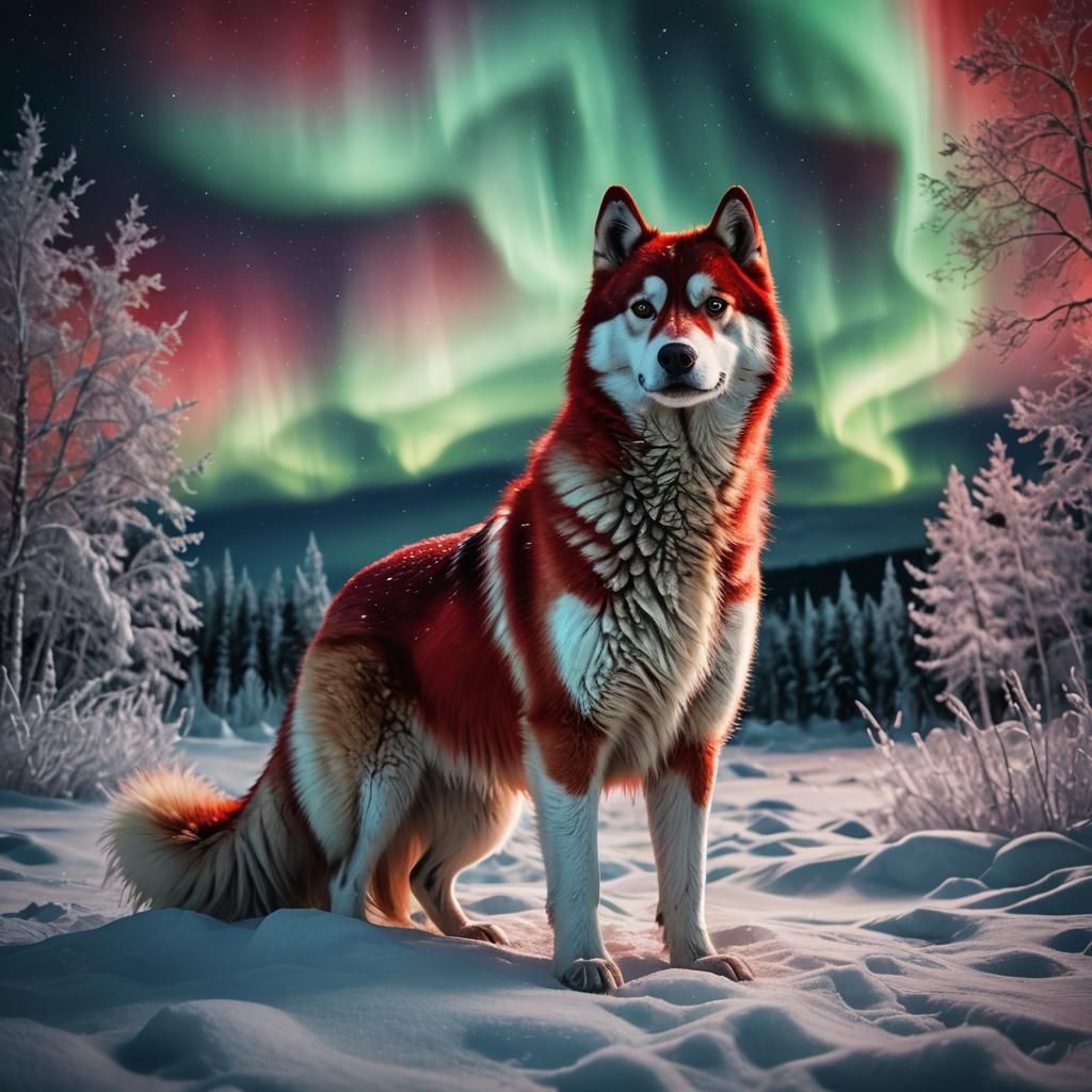 Vibrant Northern Lights Husky in Cinematic Composition