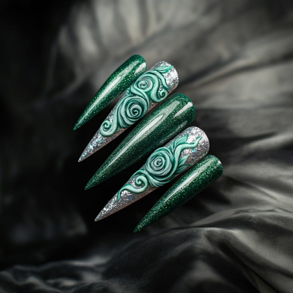 Emerald Green Stiletto Nails with Art Nouveau Floral Pattern...