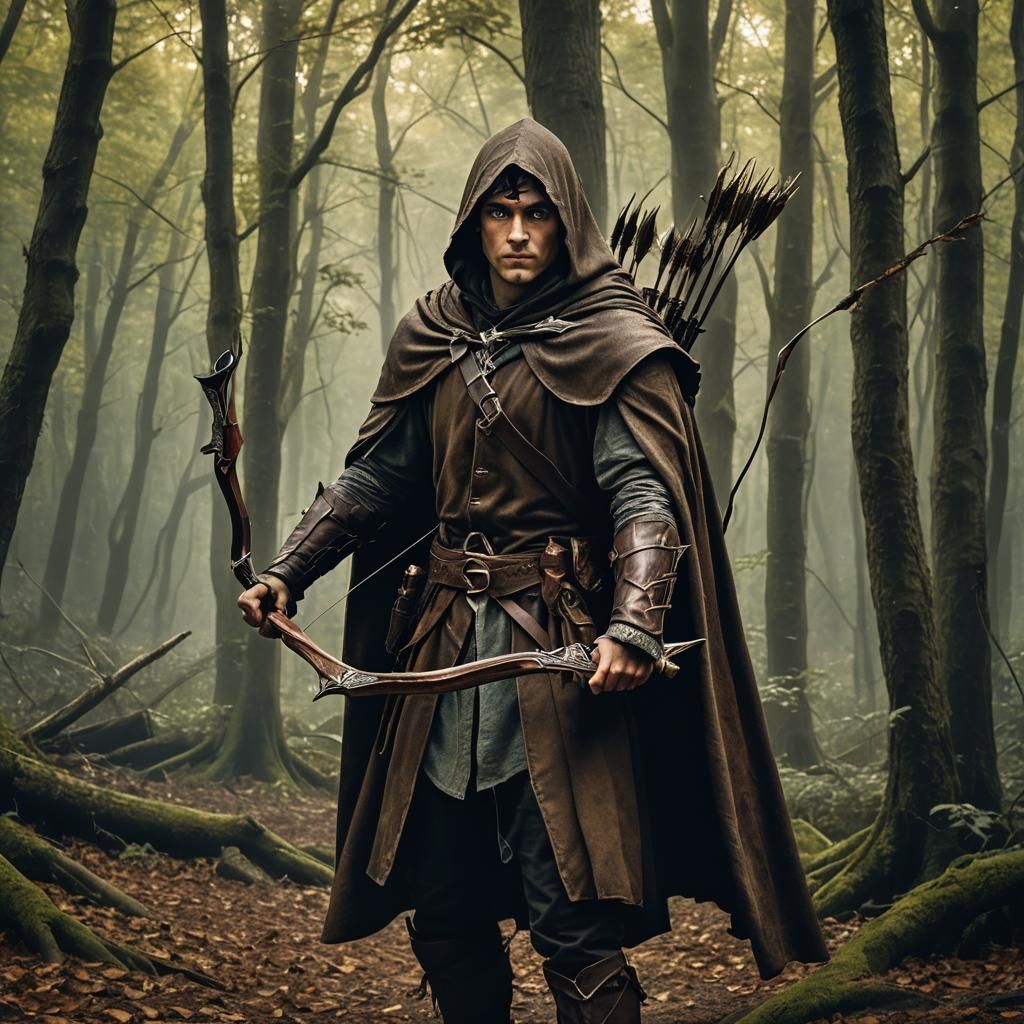 Fantastical Hunter in Whimsical Woodland, Rendered in Intric...