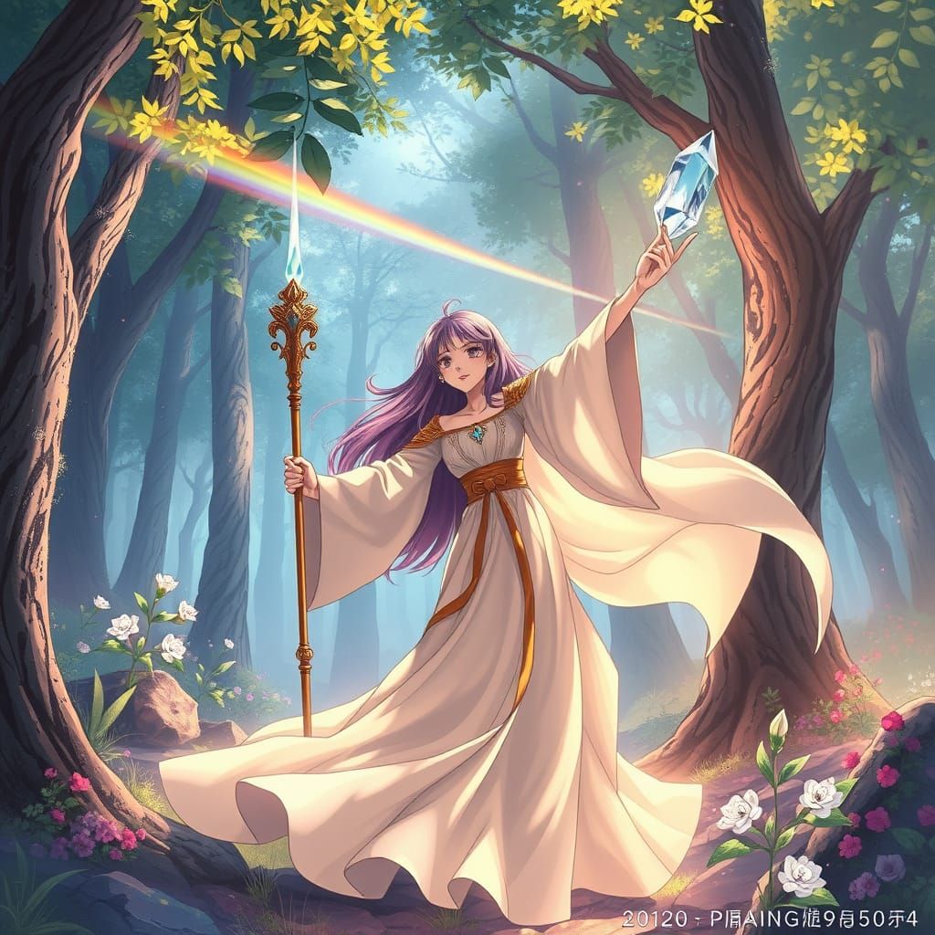 Anime Sorceress Creates Rainbow Beam in Forest