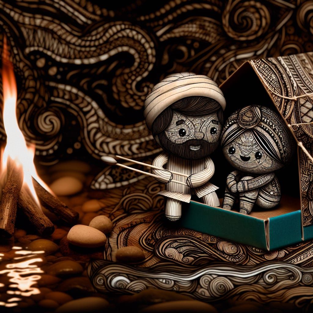 Adoring Miniature Campers in a Vibrant Linework Masterpiece