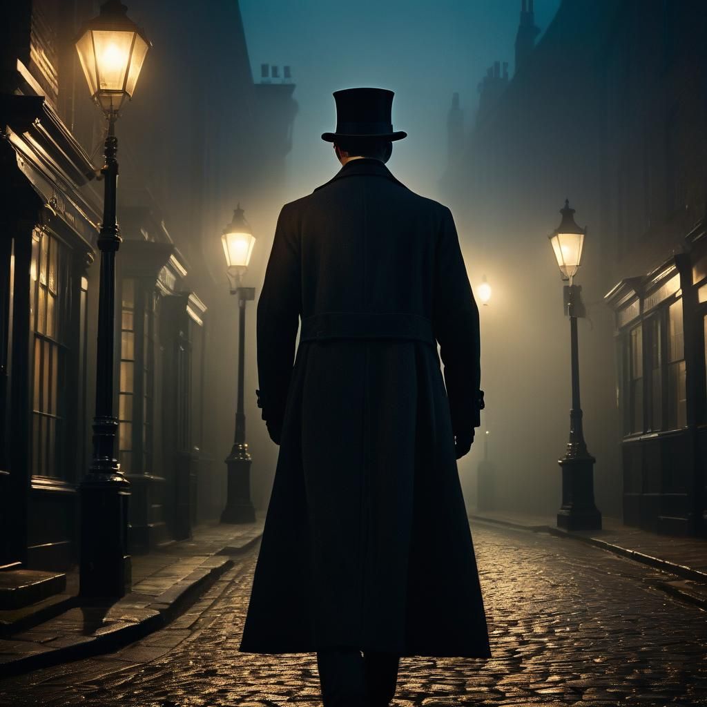 Victorian Detective in Foggy London Nightscape