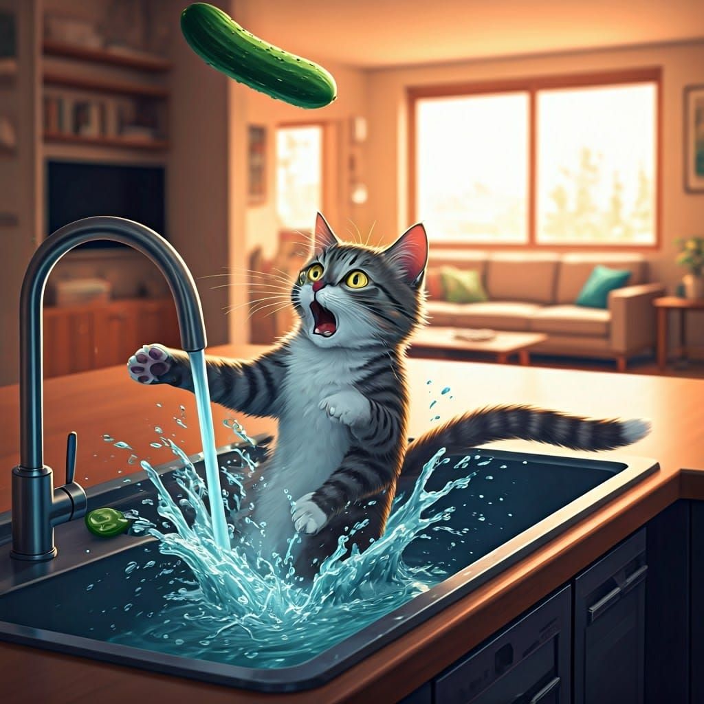 Frightened Feline Crashes into Kitchen Sink