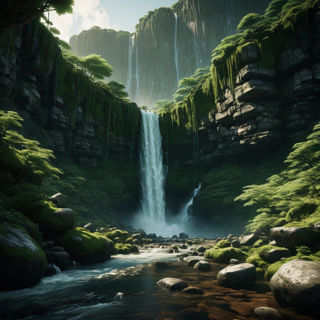 Epic Waterfall Flowing to Sea in Vibrant Fantasy Landscape